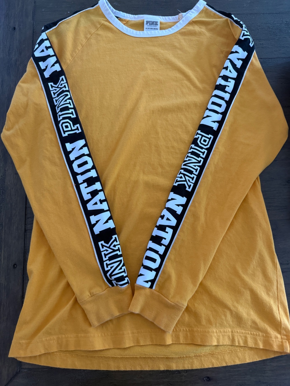 PINK Victoria's Secret Mustard Yellow Crewneck with Black & White Logo Tape. XS